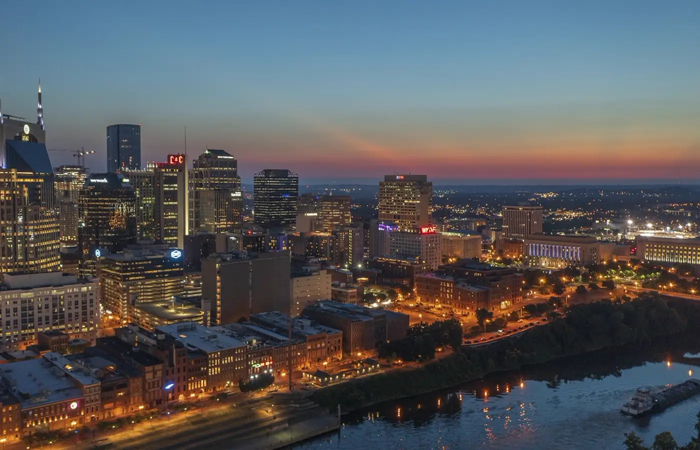 A city skyline at dusk